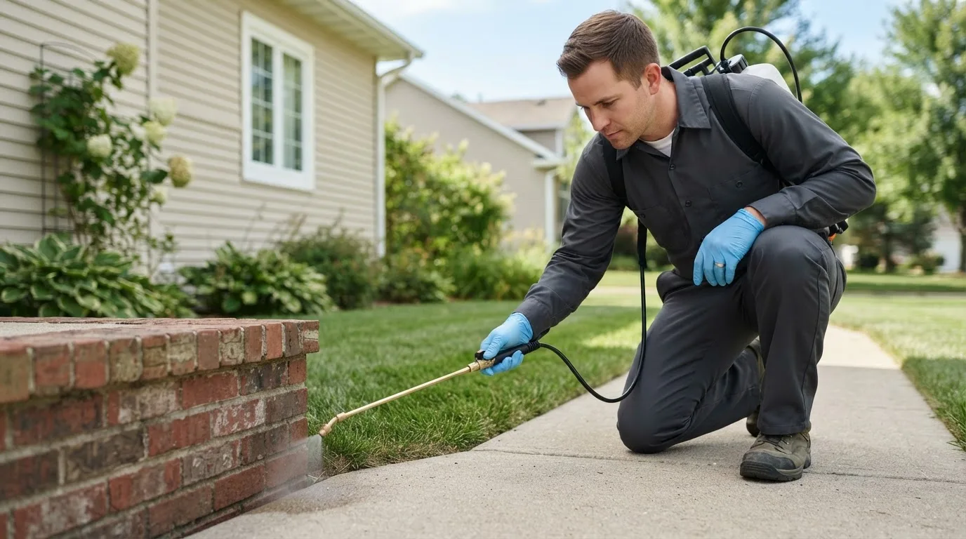 Pest control technician treating a home near Mansfield, PA